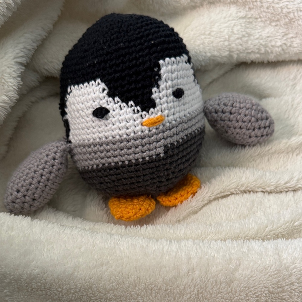 Crocheted Penguin Plush Toy - Black, Gray, White & Orange